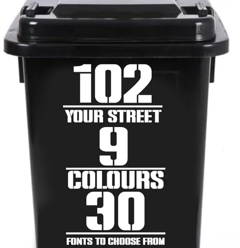 Pack of 3 Wheelie Bin Number & Name Stickers - Waterproof Decal - 30 Fonts - Easy to Apply - Long Lasting (19cm/7.5 Long)