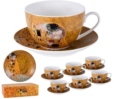6 Tazas Klimt Café 250 ml. con plato blancas 8 cm. alto diámetro plato 14 cm.