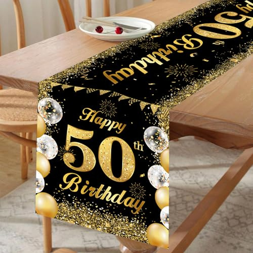 50. Geburtstag Tischläufer Schwarz Gold, Party Tischdeko 180 x 35 cm | Elegantes Schwarz-Gold-Design, langer dekorativer Tischläufer, passend für Geburtstagsfeiern und Partys