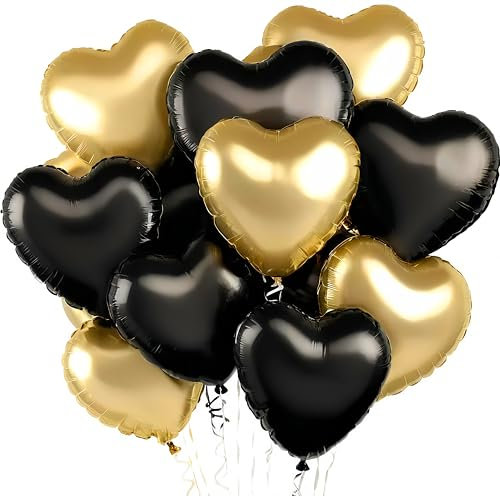 UDRKFOPK Herz Folienballon 12 Stück,18 Zoll Herz Helium Luftballons Schwarzes Gold,Gold Herzballons Hochzeit, Heliumballon Herzen,Herzluftballons für Geburtstag Valentinstag Verlobung Muttertag