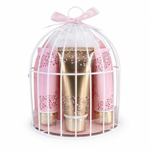 Accentra Badeset WILD BERRY Vanille Cranberry Duft Vogelkäfig Design | Wellness Präsent mit Duschgel, Bodylotion, Hand- und Nagelcreme, Waschstück, Netzschwamm, in pink-goldener Gitteroptik