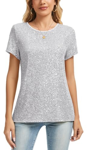 MINTLIMIT Damen Pailletten Glitzer Tops Oberteil Kurzarm Rundhals T-Shirt Bluse Fully Lined Freizeit Party Festival Club