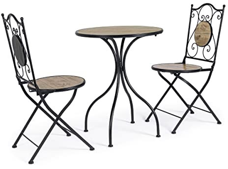 Yellowshop Set Bistrot da Esterno, Veranda, Balcone, Giardino 3 Pezzi Kansas, Tavolo con 2 Sedie Pieghevoli in Metallo Nero con Ceramica Effetto Legno Naturale