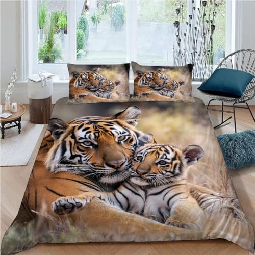 SK-YBB Tiger Bettwäsche 135x200 Bettwäsche-Sets 3D Druck Tiermutter Und Kind Kinder Bettbezug 135x200 mit 2 Kissenbezüge 80 * 80 Reißverschluss