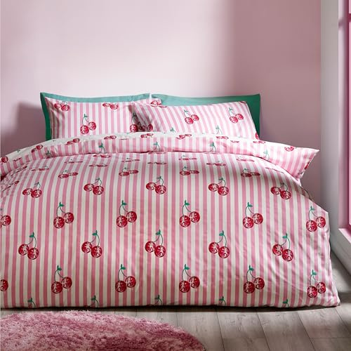 Catherine Lansfield Disco Kirschen Streifen Wende-Bettwäsche-Set für Doppelbett mit Kissenbezügen, Rosa