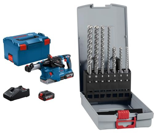 Bosch Professional 18V System Akku Bohrhammer GBH 18V-22 (inkl. 2x 4.0Ah Akku, Schnellladegerät) + 7x PRO SDS plus-5X Hammerbohrer-Set (für Beton, Kalk- und Sandsteine, Ø 5-12 mm, Zubehör)