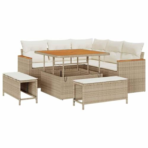 vidaXL 8-teiliges Garten-Sofa-Set mit Kissen in Beige – Poly-Rattan und Akazie, modulares Gartenmöbel für Terrasse und Balkon, stylische Eckcouch, bequem für Esszimmer und Außenbereich, rechteckig.