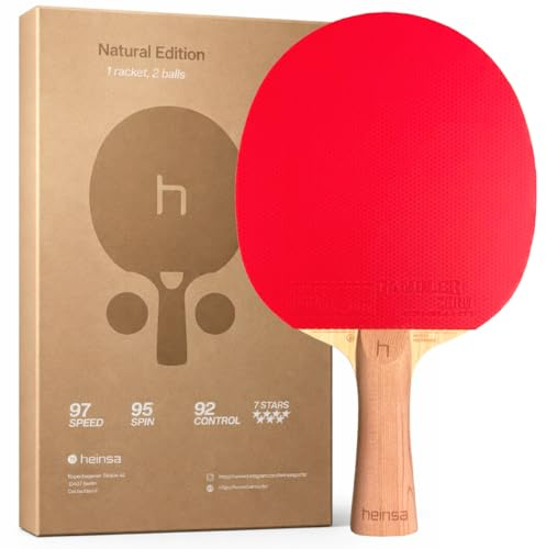 HEINSA Natural Edition Carbon Tischtennisschläger Profi – ITTF-zugelassen, 2,1 mm Zero Gravity Belag, Naturholz-Optik, 2 Carbon-Schichten, konkaver Griff für Spin, Speed & Kontrolle, inkl. 2 Bälle