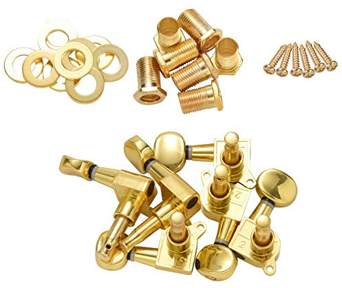 Sirxlevcy 6 Pieces Guitar String Tuning Key Pegs/Knobs(for Left and Right) with Ferrules,Threaded Bushings,Mount Screws for Electric or Acoustic Guitar,Made of Zinc Alloy Metal(Gold)