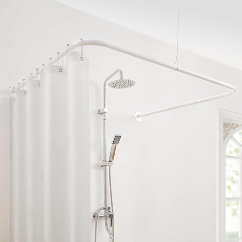 Duschvorhangstange U Form, Duschstange Ecke mit 12 Vorhangringen & Deckenstütze für Badewanne/Badezimmer, Bohr-Montage Erforderlich [Both Sides: 60cm - 132cm, Mitte: 78cm - 118cm] (Weiß)