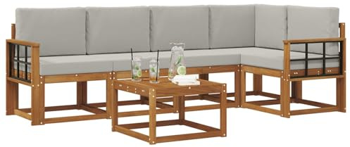 vidaXL Outdoor-Sofagarnitur mit Kissen 6 pcs Natürlich und Hellgrau, Cooles Garten-Sofa, modernes Outdoor-Eckmöbel, langlebige Terrassen-Sitzgelegenheit, gemütliches Lounge-Set für die Terrasse