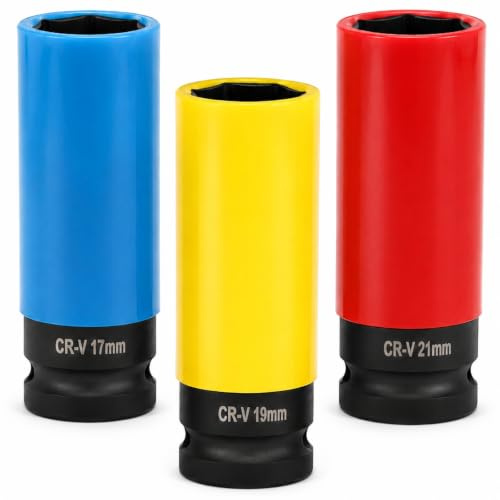 Schlagschrauber Nüsse 1/2 Set, 3 Stück Chrom-Vanadium-Legierungsstahl Steckschlüsselsatz für Radwechsel, 17 mm,19 mm,21 mm Langnüsse Stecknuss Set für Alufelgen Reifenwechsel