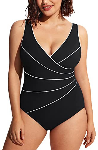 DELIMIRA Femme Maillot de Bain 1 Pièce Gainant pour Poitrine Grande Taille Noir 48