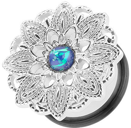 Piercingfaktor Flesh Tunnel Ohr Plug Piercing Ohrpiercing Vintage Tribal Ethno Boho Edelstahl Mandala Blume mit Opal Silber 16mm