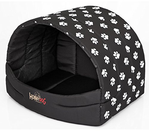 millybo Hundehütte Hundehöhle Hundebett Hundehaus S-XL (R3 (55 x 43 cm), schwarz mit Muster (Pfötchen))