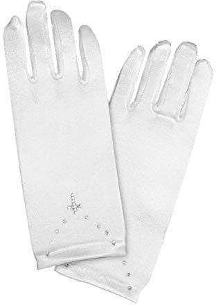 Rosa Prinzessin Erstkommunion Handschuhe für Mädchen - Strass Kreuz Design zur 1. Kommunion - Weiß - L (8-12)