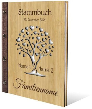 Kartenmachen.de Stammbuch Gravur individuell Bambus Cover lasergeschnitten mit Echtleder Rücken und Extras Stammbuchformat hoch 175 x 220 mm - Herzbaum