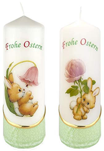 Meissner-Handel Auswahl * 2 Stück Osterkerze Stumpenkerze Osterdeko * 6 x 18 cm * mit farbigen Wachs- und Bildauflagen * Auswahl Motiv + Farbe * grün * (Serie 1 - Set 01/16)