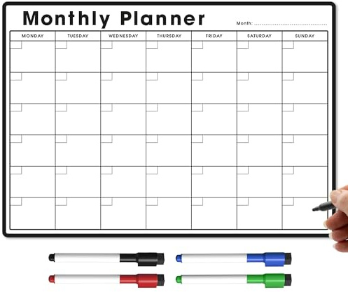 TMS A3 Monatsplaner Whiteboard | Magnetischer Kühlschrankkalender für Mahlzeitenvorbereitung, Arbeit oder Familienplanung | Hergestellt in Großbritannien (A4, Schwarz)
