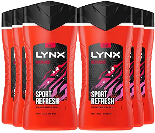 6 Pack of 225ml Lynx Recharge Shower Gel 3 in 1 Sport Refresh with Arctic Mint & Cool Spices BodyWash with Plant-based Moisturisers, Keep Smelling Irresistible!