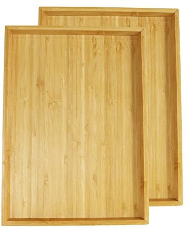 WKWKER Lot de 2 Plateaux de Service rectangulaires Portables 100% Bambou pour Cuisine, Salle à Manger, Snack, Fruits, TV, lit (Naturel)