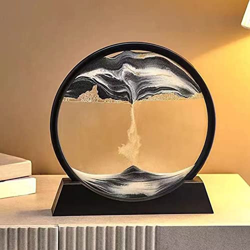 Shunfaji Peinture de Sable Qui coule 3D pour la Ornements de décoration de intérieur Modernes, Image de Sable en Mouvement, Sablier de Cadre de Sable en Verre Rond (Noir, 7 Pouces)