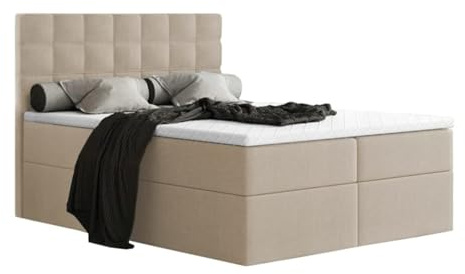 Generisch Boxspringbett MERA mit Bettkasten und Topper, Bonellfederkern Matratze H3, Doppelbett mit Stauraum, Polsterbett Schlafzimmer (Beige - Aura 01, 160 x 200)