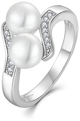 JO WISDOM Damen Ring Silber 925 mit 3A Zirkonia,Perlenring mit 7mm Süßwasserperle,Schmuck für Frauen