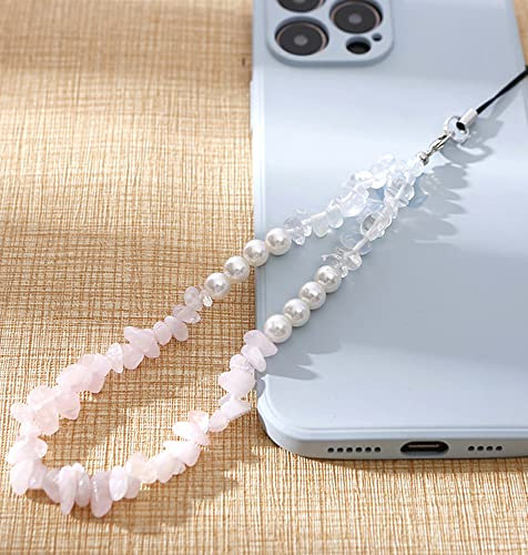 Bunte Natürlicher Kristallstein Kies Perle Handykette,Universal Handy Handschlaufe Handy Charm Handgelenk Handy Lanyard Perlen Kette Telefonkette Handyschmuck Schlüssel Taschen Handy Anhänger,Rosa