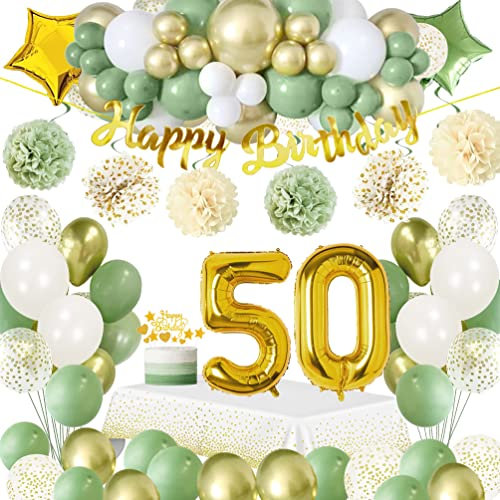 50 Geburtstag Deko Frauen,Geburtstagsdeko 50 Männer,Grüne Party Deko mit Avocado Grüne Luftballons,Happy Birthday Banner,Kuchen Topper,Tischdecken,Pompoms für Mann Frau 50. Geburtstag