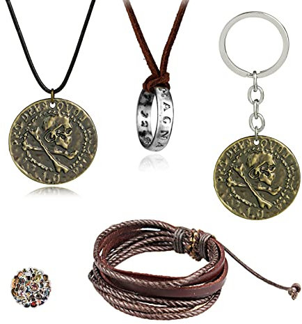HJYZY Lot de 29 colliers avec pendentif en forme de tête de mort en bronze gravé par Uncharted 4 Drake - Avec porte-clés et anneau - Bracelet en cuir marron pour homme, Zinc