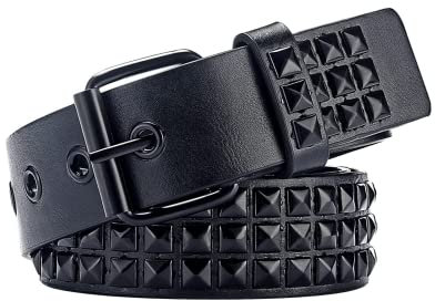 SNCEAW Nietengürtel, Punk-Rock-Nietengürtel mit hellen Pyramiden-Nieten für Damen und Herren, Luxuriöses Schwarz, Fit Pant 31-36 inch