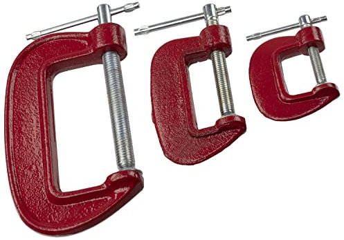 AERZETIX - C59547 - Lot de 3 Serre joints en forme ''G'' 25, 41, 75 mm - en acier - couleur rouge - menuisier assemblage étaux serrage fixation coller travaux du bâtiment