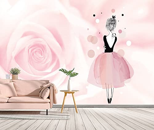 MWSSEGGE 3D Rose Roses Fleurs Danseuse Fille Papier Peint Intissé Utilisé Pour Salon Chambre Décoration Murale Pour Adolescents Et Enfants Murale (250x175 cm)