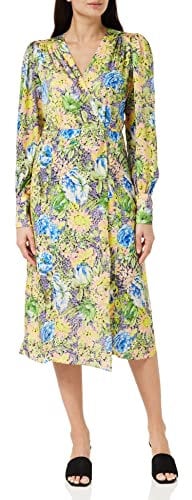Hope & Ivy Womens The Katie Wrap Front Midi with Blouson Sleeve and Tie Waist Special Occasion Dress, Yellow. Green, 10 UK