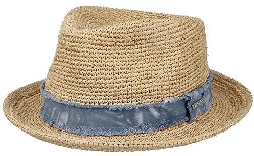 Stetson Crochet Raffia Fedora Player Sonnenhut mit Jeans-Band Damen Herren Frühjahr Sommer Natur XL (60-61 cm)