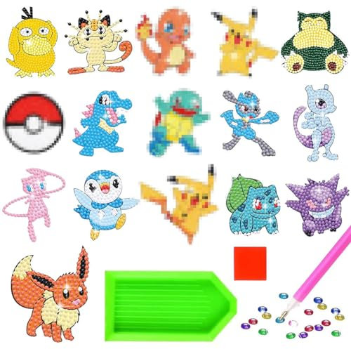 Diamond Painting Kinder, DIY Diamant Aufkleber Kit, 16 Stück Cartoon Diamantmalerei für Kinder, DIY Diamant Painting Kit für Kinde-r und Erwachsene Anfänger, Geburtstags Geschenk für Jungen Mädchen