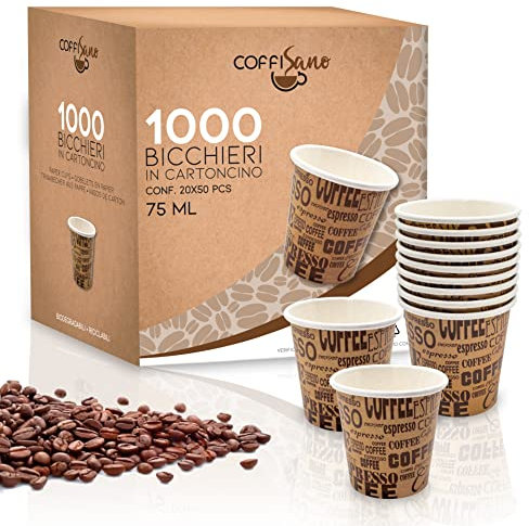COFFISANO 1000 pz Bicchierini Caffè di Carta Monouso per Ufficio Asporto Bar Marroni Ecologici Compostabili Assortiti Bicchieri Usa e Getta per Bevande Calde Espresso Tè The Cioccolata - 75 ml