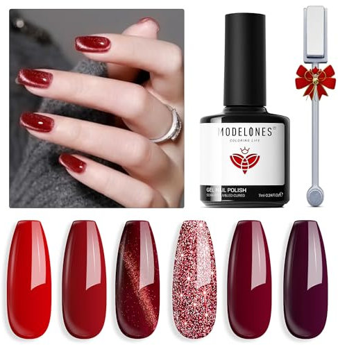 MODELONES UV Nagellack, 6 Farben Gel Nagellack mit Magnet, Cat Eye Rot Glitzer Soak Off Nail Polish French Manicure DIY zu Hause, 7 ml