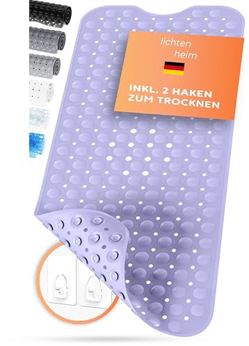 LICHTENHEIM Duschmatte rutschfest Sensitiv 100x40 cm - INKL 2 Haken - Badewannenmatte rutschfest - Antirutschmatte Badewanne BPA frei - Badematte schimmelresistent & waschbar (Flieder)