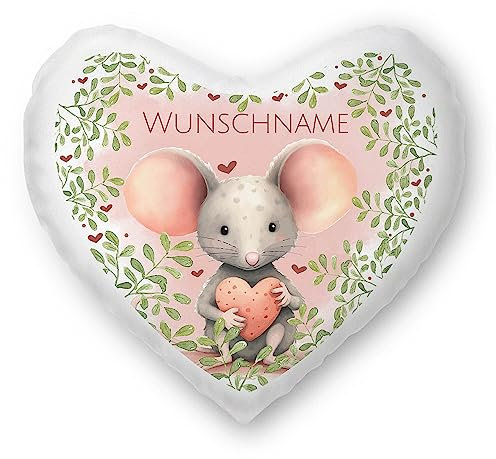 PR Print Royal Herzkissen mit Namen Personalisieren - Maus Kissen mit Namen - Geschenke für Tochter, Namenskissen, Personalisierte Geschenke mit Tieren | inkl. Füllung, Weiß, 40 x 44 cm