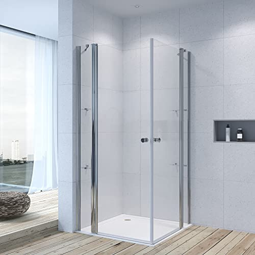 Eckdusche Eckeinstieg Duschkabine Duschabtrennung 100x110x197 cm Drehtür Duschtür aus 6mm ESG NANO Glas mit Duschablage ebenerdiger Einbau möglich barrierefrei einbaubar Hebe-Senk-Mechanismus