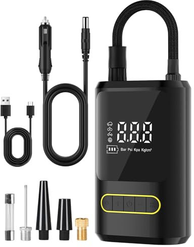 Rumicet Gonfleur Pneus Voiture, 12V Compresseur Voiture avec Lumière LED, Batterie 4000mAh 150PSI Gonfleur Pneus Voiture Sans Fil, Compresseur à Air avec 4 Buses pour Voiture, Moteur, Vélo.
