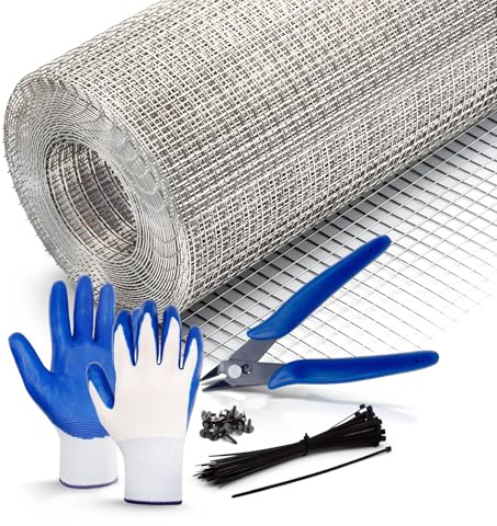 sarkman Chicken Wire Mesh Roll - Stainless Steel Wire Fencing Mesh Roll for Vents, Air Brick, Windows & Door - Garden Netting Mesh with Wire Cutter, Gloves, Screws & Cable Ties | 6m x 11cm