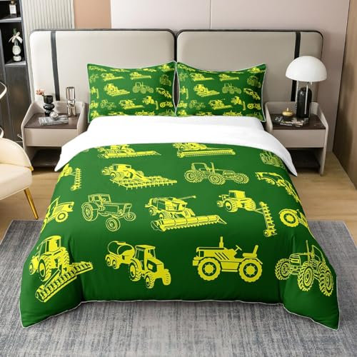 100% Natürliche Baumwolle Bauernhof Traktor Bettbezug 135x200,Kleinkind Bettwäsche Set,Schwere BAU LKW Tröster Abdeckung,Gelbe Ausrüstung Fahrzeug Bagger Harvester Bett Sets mit 1 Kissenbezug