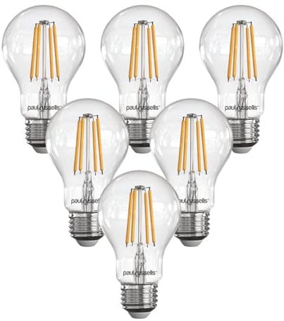 paul russells LED Filament GLS – Dimmable Edison Screw Fittings E27 Lightbulbs, 7Watt 806 Lumens Classic A60 LED Bulbs, 60w Equivalent, 2700K Warm White Dimmer ES Energy Saving Lamps, Pack of 6