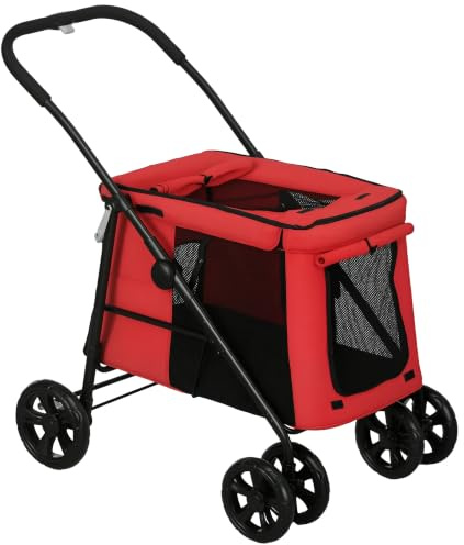 PawHut Klappbarer Hundewagen mit Bremsrädern 600D Oxford 102x62x105cm Rot | Hundewagen, Klappbar, Kissen inklusive, Räder mit Bremse, Stahl, Bis 20 kg