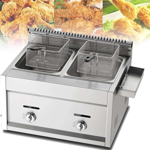 PixCy Friteuse Professionnelle,Machine Frites à Gaz,Friteuse Double Bac,Friteuse INOX,Cuve Amovible,pour Bâtonnets Pâte Frits/Huile,Friteuse Restaurant,2tank