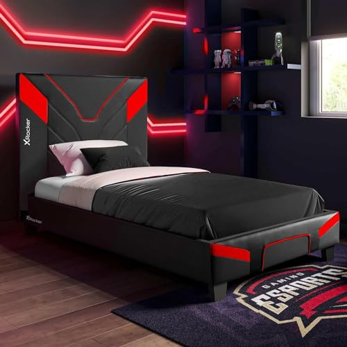 X-Rocker Cerberus Gaming Bed, 3ft Single Bedstead Frame, Wooden Slats, PU Faux Leather Upholstered Headboard, Low Footboard, Ideal for Teens, Kids, Carbon Red Black with 90x190cm Mattress Included