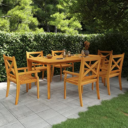 Gaseeto Gartenmöbel Set Holz Massiv Akazie-7-tlg Sitzgruppe Essgruppe Balkonmöbel Set mit 6 Gartenstuhl Robust Latten-Design